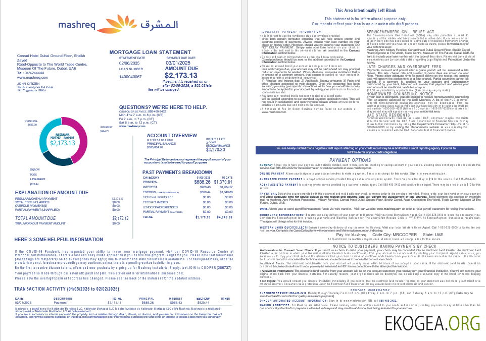 Relevé de prêt hypothécaire du Machrek des Émirats arabes unis aux formats Word et PDF, 4 pages 1, 2